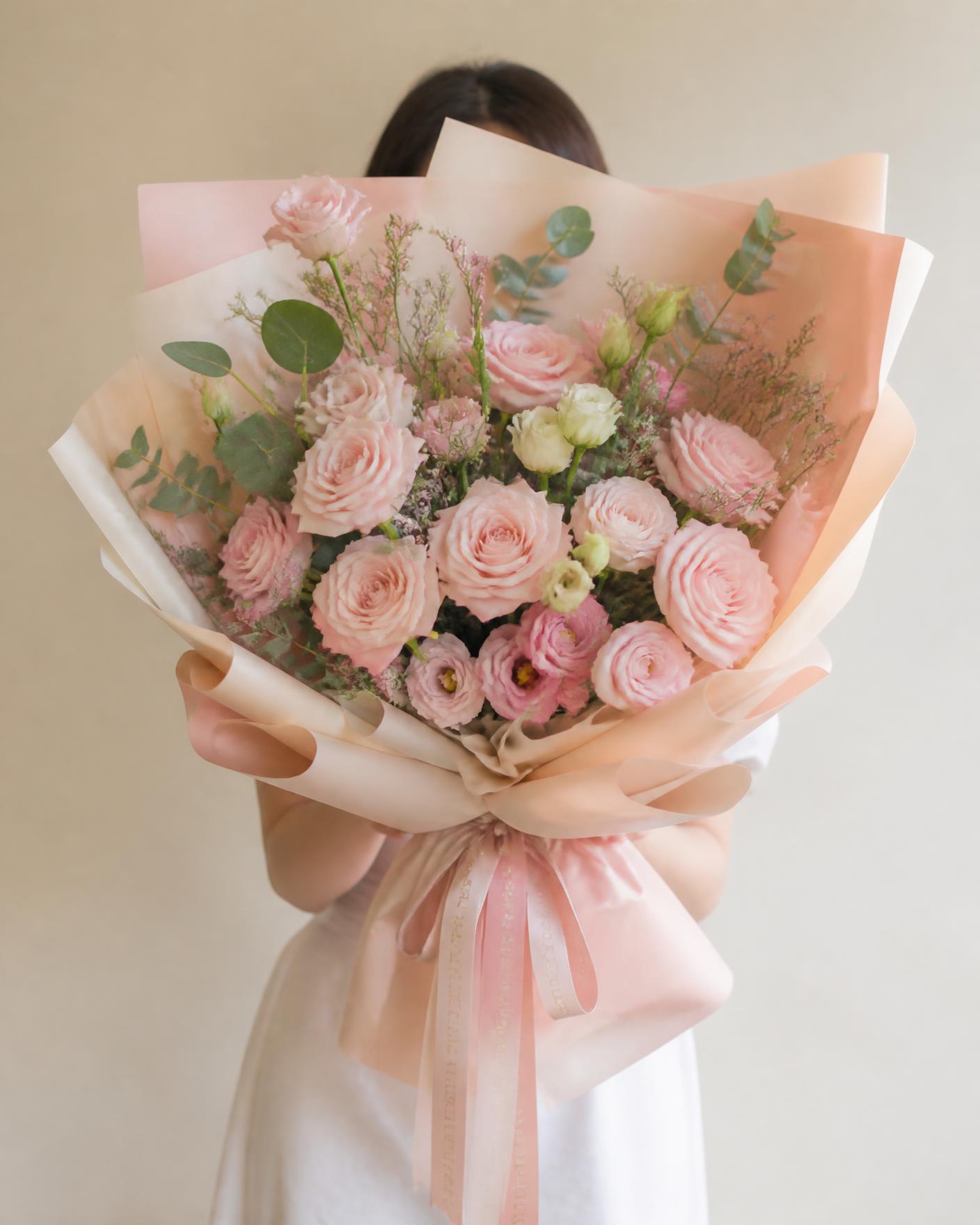 Ramo de rosas blush envuelto al estilo coreano por CORNELIA